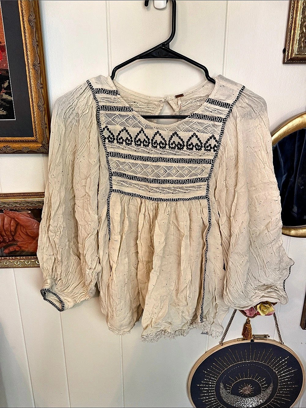 Free People Embroidered Blouse in Cream & Black Size Medium